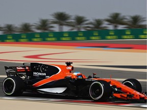 Fernando Alonso of Spain driving the (14) McLaren Honda Formula 1 Team McLaren MCL32 on track during practice for the Bahrain Formula One Grand Prix at Bahrain International Circuit on April 14, 2017 in Bahrain, Bahrain.