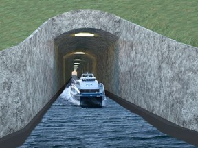 This file photo taken on April 12, 2013 shows a handout computer generated picture released by Nordfjord Vekst showing the so-called Stad Ship Tunnel, the worlds first shipping tunnel being planned on the Stad peninsula, western coast of Norway, to make shipping safer in a rough coastal area in southwest Norway. Norway on Wednesday, April 5, 2017, gave its green light to the construction of the first maritime tunnel in the world.