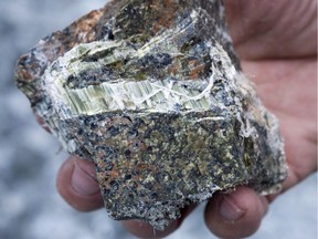 A chunk of chrysotile asbestos from the now-closed Jeffrey Mine in Asbestos, Que.