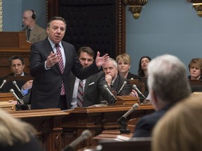 Coalition Avenir Québec Leader François Legault questions the government over the Bombardier wage increase to management Wednesday, April 5, 2017 at the legislature in Quebec City.