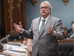 Quebec Health Minister Gaetan Barrette responds to the Opposition on health, Wednesday, April 12, 2017 at the legislature in Quebec City. Barrette reacted to the coming federal legislation on marijuana.