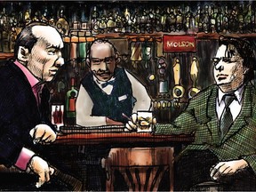 Terry Mosher's drawing of Mordecai Richler chatting with boxer Maxie Berger in the Montreal Press Club in the 1970s.