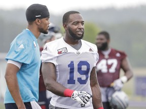 S. J. Green takes part in the Montreal Alouettes training camp at Bishop's University in Lennoxville on Sunday, May 29, 2016.