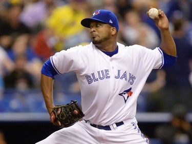 Toronto Blue Jays' starting pitcher Francisco Liriano pitches to the Pittsburgh Pirates during first inning preseason baseball action in Montreal on Saturday, April 1, 2017.