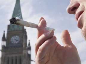 A demonstrator smokes a marijuana joint on Parliament Hill in Ottawa on April 20, 2010.