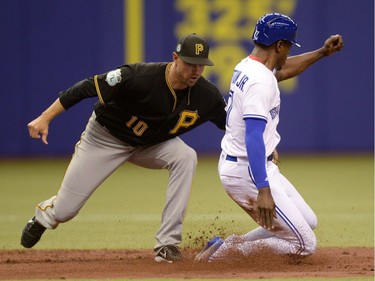 Pittsburgh Pirates' shortstop Jordy Mercer tags out Toronto Blue Jays' Melvin Upton Jr. on a steal attempt during second inning preseason MLB baseball action, in Montreal on Saturday, April 1, 2017.