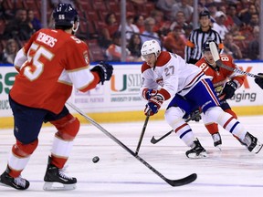 Alex Galchenyuk #27 of the Montreal Canadiens carries the puck during a game against the Florida Panthers at BB&T Center on April 3, 2017 in Sunrise, Florida.