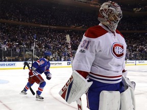 Rangers' Mats Zuccarello celebrates after scoring a goal against the Canadiens during the second period in Game 6 of the Eastern Conference First Round during the 2017 NHL Stanley Cup Playoffs at Madison Square Garden on Saturday, April 22, 2017, in New York City.