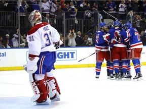 Mats Zuccarello and the New York Rangers celebrate after scoring on Carey Price of the Montreal Canadiens during the second period in Game 6 at Madison Square Garden on April 22, 2017, in New York City.
