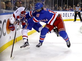 Marc Staal of the New York Rangers checks Brendan Gallagher of the Montreal Canadiens during the first period in Game Six of the Eastern Conference First Round during the 2017 NHL Stanley Cup Playoffs at Madison Square Garden on Saturday, April 22, 2017 in New York City.