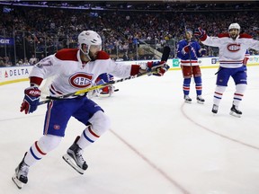 Canadiens' Alexander Radulov of the Montreal Canadiens celebrates his goal at 15:35 of the third period against the New York Rangers in Game 3 of the Eastern Conference First Round during the 2017 NHL Stanley Cup Playoffs at Madison Square Garden on Sunday, April 16, 2017, in New York City.