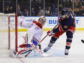 Canadiens' goalie Carey Price makes a save on Rick Nash of the New York Rangers at Madison Square Garden on February 21, 2017 in New York City.