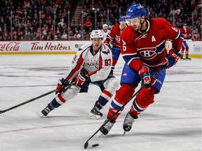 Montreal Canadiens defenceman Shea Weber (6) is chased by Washington Capitals center Jay Beagle (83) at the Bell Centre in Montreal, on Monday, January 9, 2017.