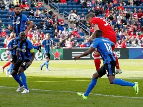 Bastian Schweinsteiger #31 of Chicago Fire scores a goal on a header against the Montreal Impact during first half at Toyota Park on April 1, 2017 in Bridgeview, Illinois.