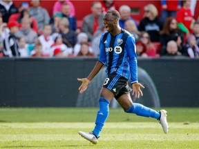 Ballou Tabla of Montreal Impact celebrates after scoring a goal against the Chicago Fire during the second half at Toyota Park on April 1, 2017 in Bridgeview, Illinois
