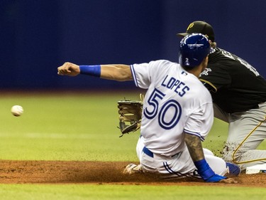 The ball is late getting to Pittsburgh Pirates infielder Erich Weiss as Toronto Blue Jays infielder Christian Lopes steals 2nd base during a preseason game at Olympic Stadium in Montreal, on Saturday, April 1, 2017.