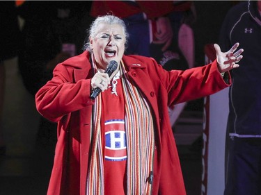 Ginette Reno sings the Canadian national anthem prior to game 1 of the first round of the Montreal Canadiens/New York Rangers NHL playoffs in Montreal Wednesday April 12, 2017.