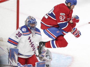 Montreal Canadiens Steve Ott jumps in front of New York Rangers Henrik Lundqvist during 1st period of game 1 of the first round of the NHL playoffs in Montreal Wednesday April 12, 2017.