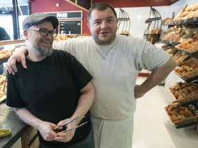 Jimmy Gravelet, left, and Nicolas Feret at Le Pain dans les Voiles, during a busy morning on Wednesday April 19, 2017. Many of the employees from this bakery are from France, so there's a lot of talk about the upcoming French election this weekend.