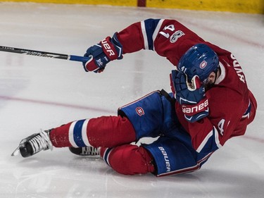 Montreal Canadiens Paul Byron (41) got a stick to the face against New York Rangers during 2nd period action of game 5 of the playoffs at the Bell Centre in Montreal, on Thursday, April 20, 2017.