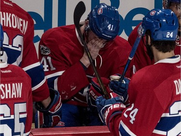 Montreal Canadiens Paul Byron (41) got a stick to the face against New York Rangers during 2nd period action of game 5 of the playoffs at the Bell Centre in Montreal, on Thursday, April 20, 2017.