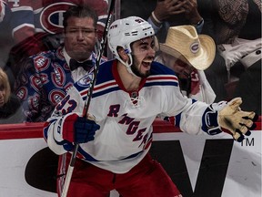 Rangers centre Mika Zibanejad celebrates after scoring the winning goal in overtime Thursday night at the Bell Centre.