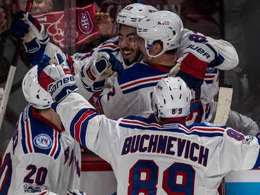 New York Rangers centre Mika Zibanejad (93) scored the overtime goal to defeat the Montreal Canadiens 3-2 in game 5 of the playoffs at the Bell Centre in Montreal, on Thursday, April 20, 2017.