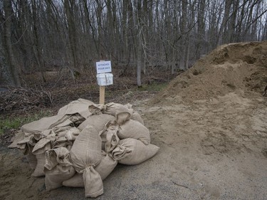 MONTREAL, QUE.: APRIL 22, 2017 --  Sand and sandbags wait at the ready for homeowners whose homes have been flooded by the overflowing Ottawa river in Rigaud, Quebec west of Montreal, on Saturday, April 22, 2017. (Peter McCabe / MONTREAL GAZETTE) ORG XMIT: 58488