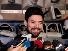 Canadiens goalie Carey Price jokes with the media during a press briefing at the Bell Sports Complex in Brossard on Monday April 24, 2017.