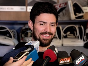 Canadiens goalie Carey Price jokes with the media during a press briefing at the Bell Sports Complex  in Montreal on April 24, 2017, after the season came to an end in a first round playoff loss to the New York Rangers.