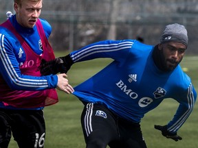 Montreal Impact players Calum Mallace, left, and Anthony Jackson-Hamel during practice at Centre Nutrilait in Montreal, on Tuesday, April 25, 2017.