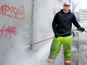 Corey Fleischer in 2015.  He has been cleaning up hate graffiti in Montreal for free for years.