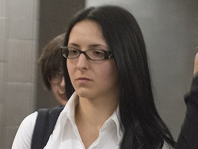 Emma Czornobaj, left, leaves the Montreal court room with a supporter Monday, June 2, 2014.