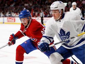 Canadiens' Artturi Lehkonen races Maple Leafs defenceman Jake Gardiner to the puck during preseason action at the Bell Centre on Oct. 6, 2016. A Maple Leafs win against the Capitals would sicken much of this country and a series win against the Canadiens or a Stanley Cup for Toronto would be mortifying.