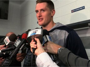 Montreal Canadiens rookie Michael McCarron speaks to the media during the first day of Canadiens rookie camp at Bell Sports Complex in Brossard on September 15, 2016.