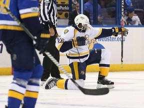 P.K. Subban #76 of the Nashville Predators celebrates after scoring a goal against the St. Louis Blues in Game One of the Western Conference Second Round during the 2017 NHL Stanley Cup Playoffs at the Scottrade Center on April 26, 2017 in St. Louis, Missouri.