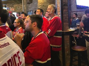 Montreal Canadiens fans gather at a New York City bar Friday, April 14, 2017, to watch their team take on the New York Rangers.