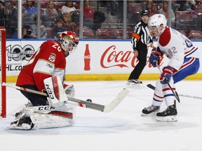 Florida Panthers goaltender Reto Berra stops a shot by Montreal Canadiens left-wing Artturi Lehkonen during the second period of an NHL hockey game, Monday, April 3, 2017, in Sunrise, Fla.