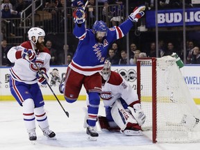 Rangers winger Rick Nash celebrates what proved to be the winning goal during the second period Tuesday night at Madison Square Garden in New York.