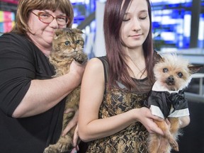 Quebec's oldest cat, Hortence, 21, and dog, Cachou, 17, are shown by their owners Suzanne Hamlin and Ameliane Bibeau at the Canadian Veterinarian Convention Friday, April 21, 2017 in Montreal.