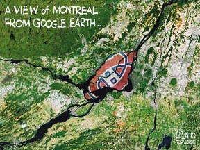 This Aislin cartoon of a Google Earth view of Montreal during the hockey playoffs appeared in the Montreal Gazette on May 13, 2010.