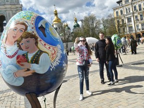 Some 500 traditional Ukrainian pysanky — painted Easter eggs — are presented in the centre of Kiev before Easter celebrations.