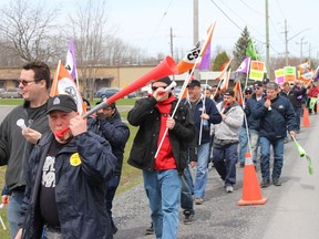 Warehouse workers from Laval came to Cornwall on Tuesday to protest a back-up distribution centre set up by their employer, Canada Bread, while it locked them out of their jobs on Tuesday April 25, 2017 in Cornwall, Ont.