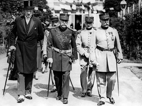(L to R) French War Minister Andre Maginot, Marshal Joseph Joffre and Marshal Philippe Petain at the inauguration of Joffre's monument in Chantilly, France, on June 21, 1930.