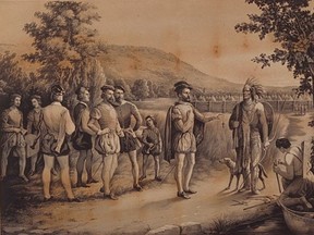 This print depicts Jacques Cartier greeting the chief of the St. Lawrence Iroquoians at Hochelaga, now Montreal, in 1535.