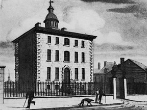 Illustration of the Montreal General hospital, in 1823, which had been rebuilt in 1765 after the original building had been destroyed in the great fire of May 18, 1765.