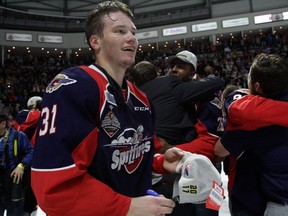 Defenceman Mikhail Sergachev of the Windsor Spitfires celebrates winning the championship game of the Mastercard Memorial Cup against the Erie Otters 4-3 on May 28, 2017, at the WFCU Centre in Windsor, Ontario.