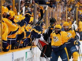 The Nashville Predators' P.K. Subban celebrates with teammates after they scored against the Anaheim Ducks in Game 6 of the Western Conference final on May 22, 2017 at the 
Bridgestone Arena in Nashville.