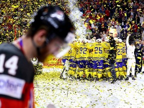 Team Sweden celebrates victory over Canada after the 2017 IIHF Ice Hockey World Championship Gold Medal game Canada and Sweden at Lanxess Arena on May 21, 2017 in Cologne, Germany.