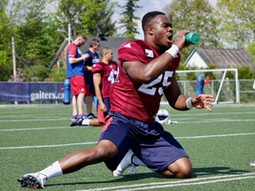 Defensive-back Dondre Wright, Montreal's third-round (20th overall) choice this month during the Canadian college draft, attends first day of Alouettes training camp for rookies at Bishop's University in Lennoxville on Wednesday, May 24, 2017.